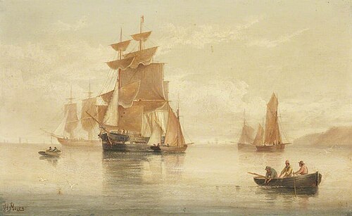 Shipping off Coast: Fishermen Hauling Nets, 1860, Henry Moore