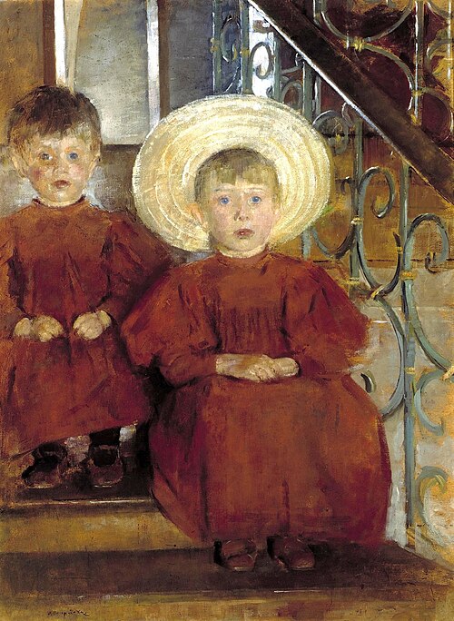 Portret dwojga dzieci na schodach (Rodzeństwo; Dzieci siedzące na schodach), 1898, Olga Boznańska