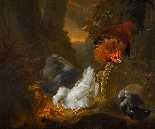 A Hen, Cockerel and Pigeons in a Wooded Landscape, , Abraham Busschop