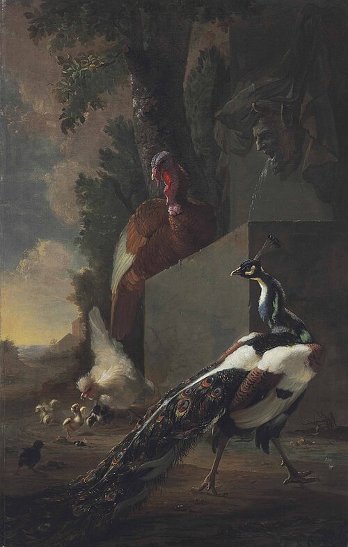 Siervogels en kuikens bij een fontein, , Abraham Busschop