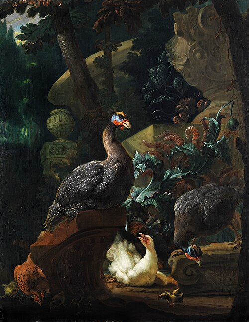Parklandscape with guinea fowl, chicken and chicks, 1723, Abraham Busschop