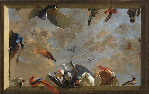 Trompe-l'oeil plafondstuk met 'De raaf die beroofd wordt van de veren waarmee hij zich had getooid', 1708, Abraham Busschop