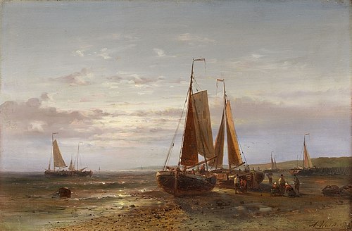 Coastal landscape with sailing ships, , Abraham Hulk sr