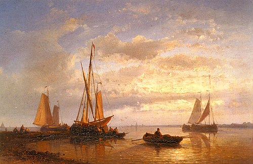 Dutch Fishing Vessels In A Calm At Sunset, 1850, Abraham Hulk sr