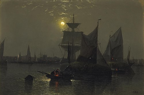 Sailing vessels in a moonlit harbor with fishermen and their boats in the foreground, , Abraham Hulk sr