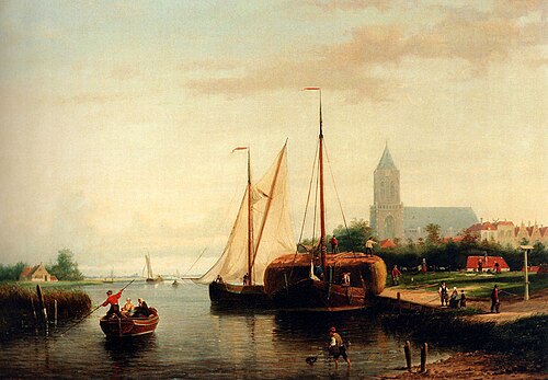 A Moored Haybarge And Other Shipping By A Bleach Field, 1880, Abraham Hulk Senior