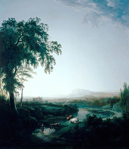 Landscape with River and Cows at Dusk, 1796, Abraham Pether