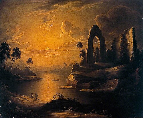Moonlit Landscape with Lake and Ruined Abbey, , Abraham Pether