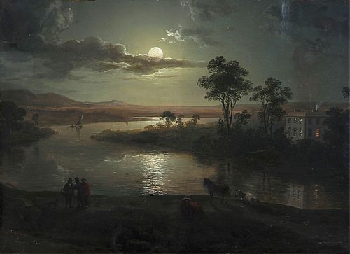 Evening scene with full moon and persons, 1801, Abraham Pether