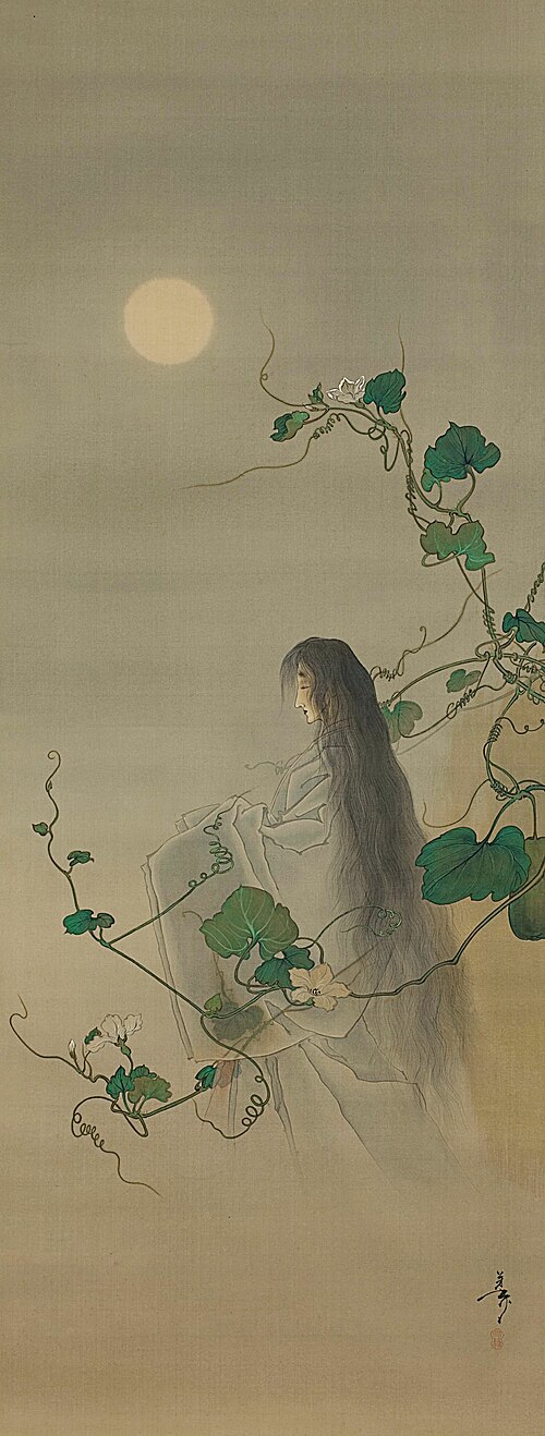 The Spirit of the Deceased Yūgao Entwined in Moonflower Vines, based on the print “The Lady of the E, 1892, Yoshitoshi