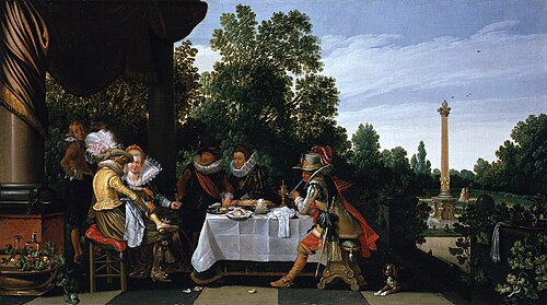 Elegant company eating, drinking, smoking and in conversation on a terrace, 1620, Esaias Van de Velde l'Ancien