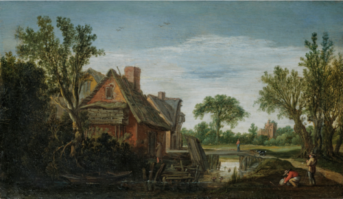 A WOODED RIVER LANDSCAPE WITH FIGURES ON A PATH ON A RIVER BANK BESIDE A VILLAGE, A BRIDGE BEYOND, , Esaias Van de Velde l'Ancien