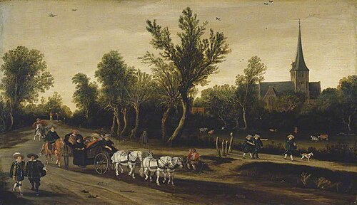 Landscape with Riders in a Carriage Passing a Church, 1623, Esaias Van de Velde l'Ancien