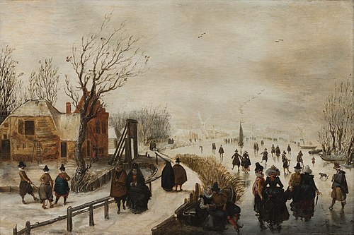 Skaters on a Canal with a Pathway alongside, 1620, Esaias Van de Velde l'Ancien