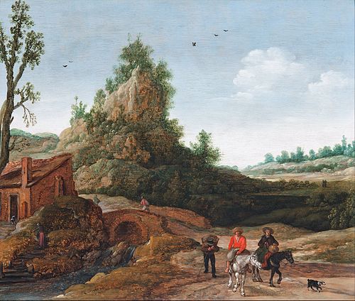 A landscape with travellers crossing a bridge before a small dwelling, horsemen in the foreground, 1622, Esaias Van de Velde l'Ancien