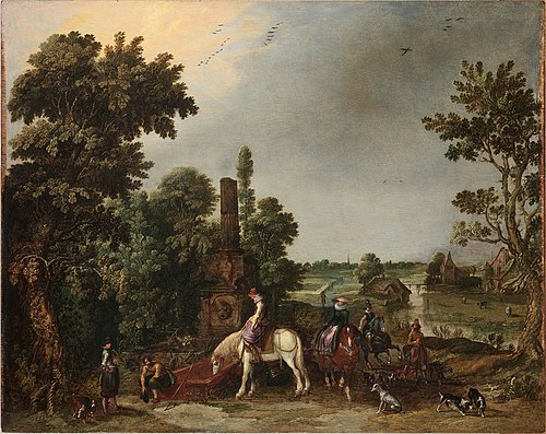 A Hunting Party Halting by an Ancient Fountain, a Landscape with a Rainstorm Beyond, , Esaias Van de Velde l'Ancien