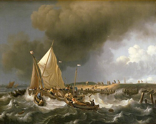 Boats in an Upcoming Storm with the Church of Zandvoort, 1696, Ludolf Bakhuizen