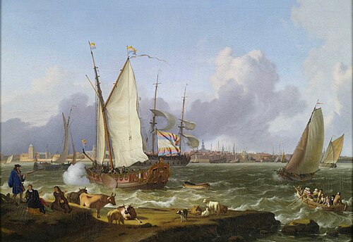 View of Emden from the island Nesserland, 1698, Ludolf Bakhuizen