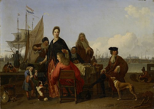 The Backhuysen and de Hooghe families dining at the Mosselsteiger (mussel pier) on the Y, Amsterdam, 1702, Ludolf Bakhuizen