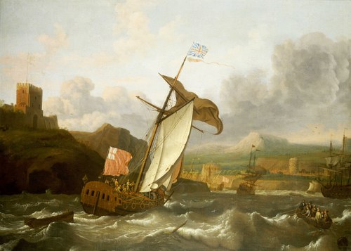 An English yacht sailing into an imagined British harbour, , Ludolf Bakhuizen