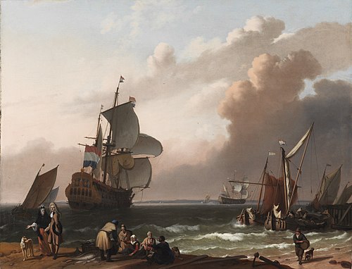 Warship and Dutch Sailboats near the Shore, 1692, Ludolf Bakhuizen