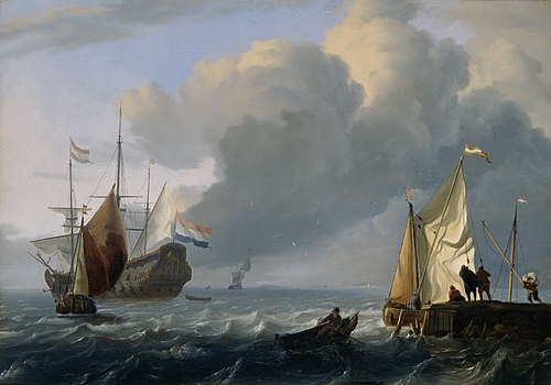 Dutch frigate and other ships off the coast; on the right side a pier where ships are loaded, 1690, Ludolf Bakhuizen