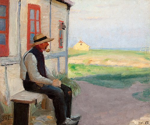 The fisherman Niels Gaihede outside his house in Skagen Østerby., 1887, Michael Peter Ancher