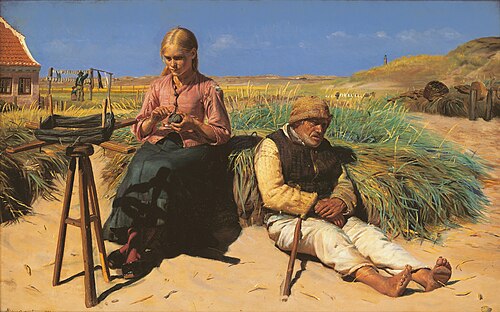 Figures in a landscape. Blind Kristian and Tine among the dunes., 1880, Michael Peter Ancher