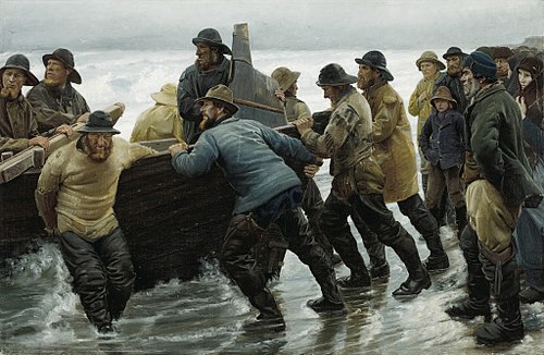 Fishermen launching a rowing boat, 1881, Michael Peter Ancher