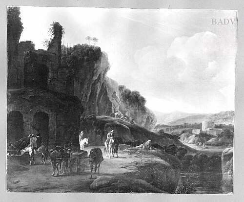 Hilly Landscape with Resting Travellers, 1649, Adriaen van Eemont
