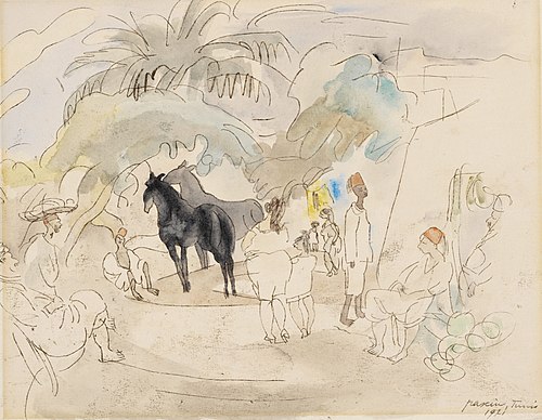 Figures and Two Horses in Landscape, 1921, Julius Mordecai Pincas
