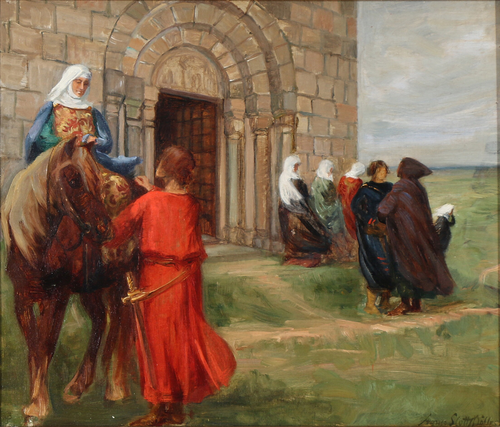 Proud Adelus meeting Terkel in front of the church., 1908, Agnes Slott-Møller