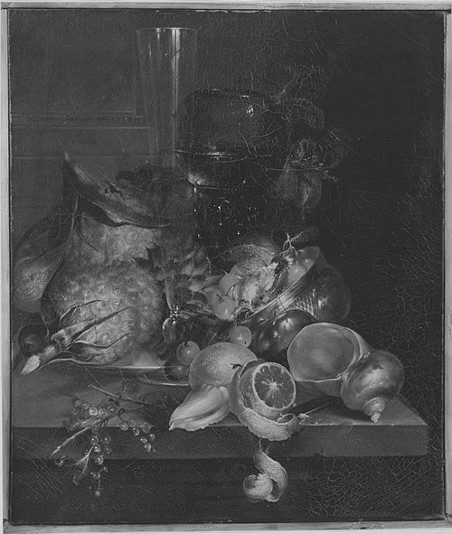 Still life with a 'roemer' and a flute glass on a stone ledge, 1769, Catharina Treu