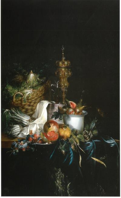 Sumptuous table with fruit and covered beaker, 1768, Catharina Treu
