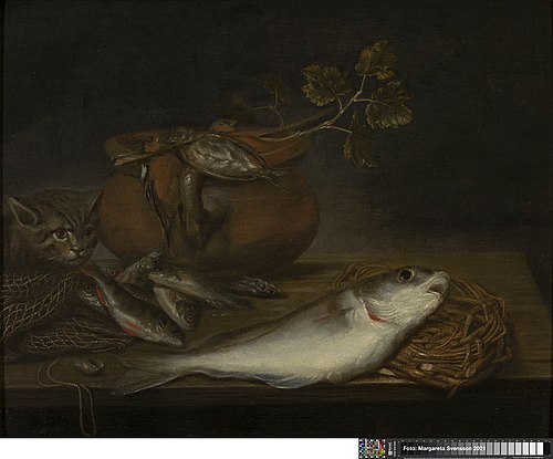 Stilleven met vissen, vogels en een kat, , Pieter van Schaeyenborgh