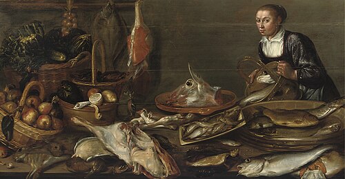 Fish still life with view of Egmond., 1650, Pieter van Schaeyenborgh