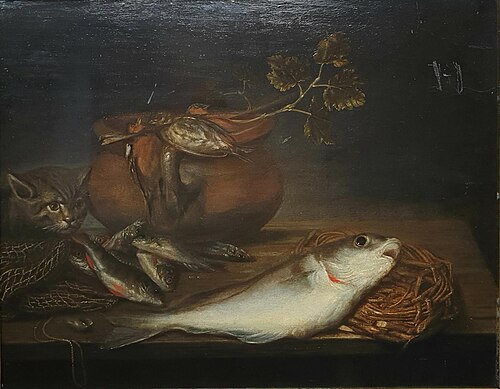Still life with fish, birds and a cat, 1650, Pieter van Schaeyenborgh