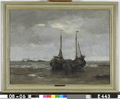 Twee vissersschuiten op het strand, 1909, Joseph Gerardus van Jole