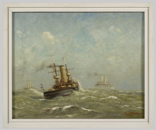 Het pantserdekschip Hr.Ms. Kortenaer geëscorteerd door twee kruisers, 1900, Richardus Philippus Arnoldus van Rees