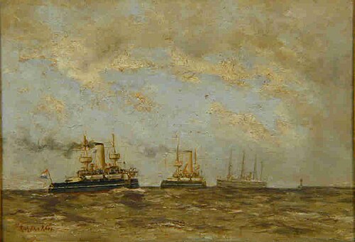 Het pantserschip Hr.Ms. Evertsen en een onbekend Nederlands pantserschip, 1895, Richardus Philippus Arnoldus van Rees