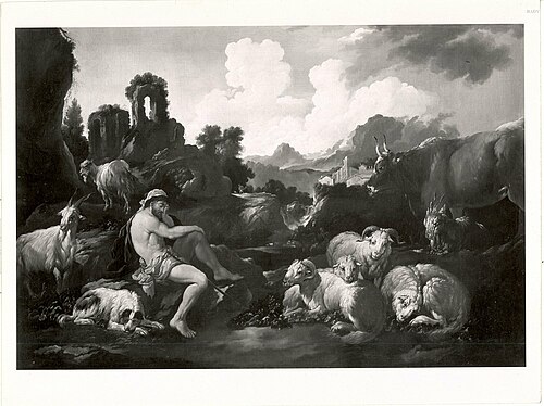 Hirt mit Kuh, Schafen und Ziegen in italienischer Berglandschaft, 1680, Philipp Peter Roos