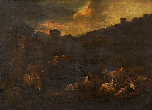 Farm Animals in a Landscape with an Old Man Drinking, , Philipp Peter Roos