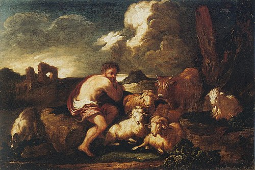 Landscape with shepherd and animals, , Philipp Peter Roos
