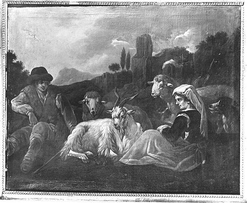 Hirtenpaar und Kleinvieh in italienischer Landschaft, 1710, Philipp Peter Roos