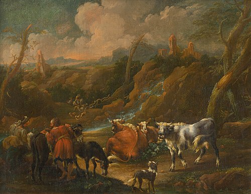 Stádo pri antickej studni, 1700, Philipp Peter Roos