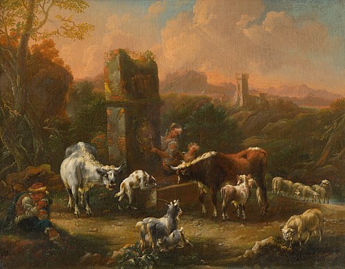 Pastierska idyla v romantickej krajine so zrúcaninami, 1700, Philipp Peter Roos