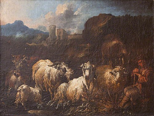 A Shepherd Boy with Sheep, Goats and Cattle, 1693, Philipp Peter Roos
