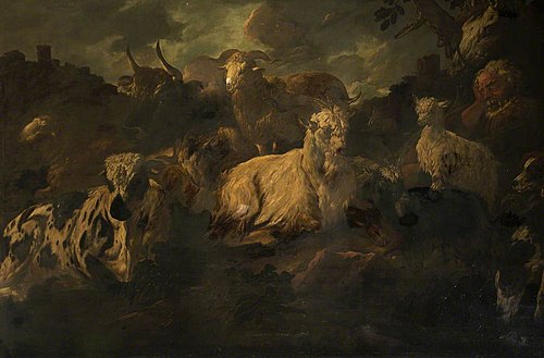 Herdsman sleeping amidst his Sheep, Goats and Cattle, 1691, Philipp Peter Roos