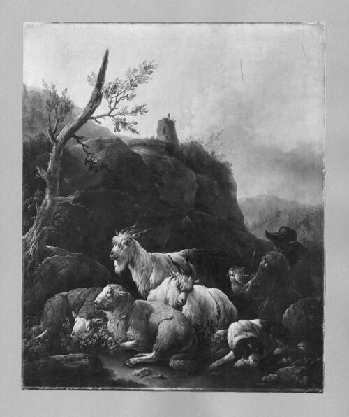 Hirt mit Schafen, Ziegen und Hund in bergiger Landschaft, 1656, Johann Heinrich Roos