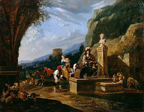 Halting of Mountain Travellers at a Fountain, , Johann Heinrich Roos